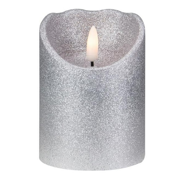 4 in. Glitter Flameless Battery Operated Christmas Decor Candle, Silver