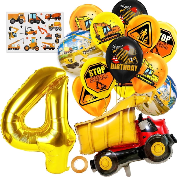 Set de globos para fiesta de cuarto cumpleaños con temática de vehículos de construcción