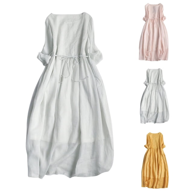 Meichang Robes en Coton et Lin pour Femmes Manches 3/4 Rétro Vintage à Lacets Taille Robe Trapèze Été Décontractée Col Ras du Cou à Étages Longue Robe Maxi