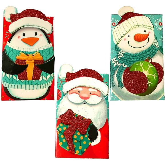 Christmas Holiday Essentials Glitter Gift Card Holders- Santa, Snowman & Penguin