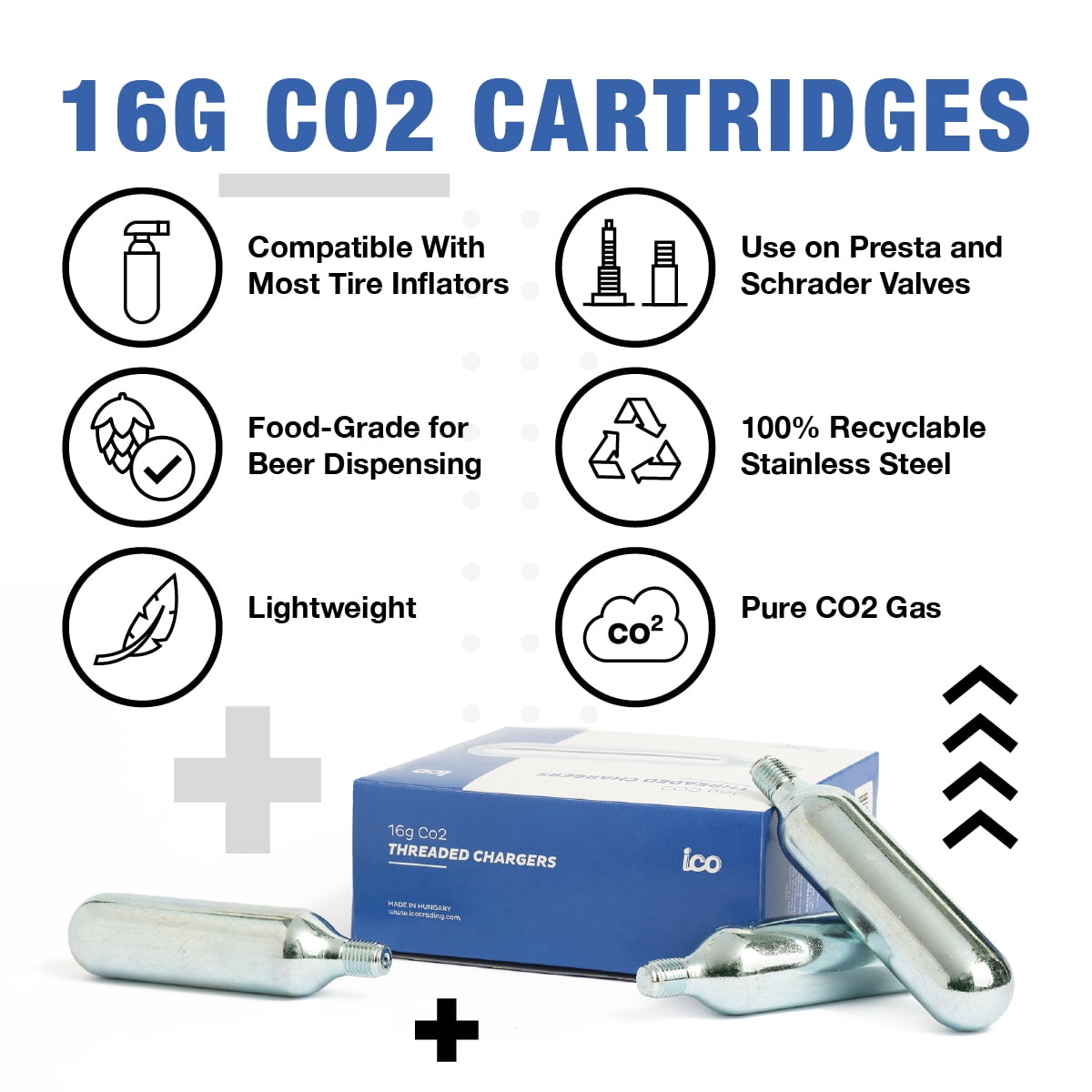 ICO 16g CO2 Cartridges Threaded for Use With CO2 Bike Pump for Tire Repair for Mountain & Road Bikes, Food Grade for Beer, 10 Pack