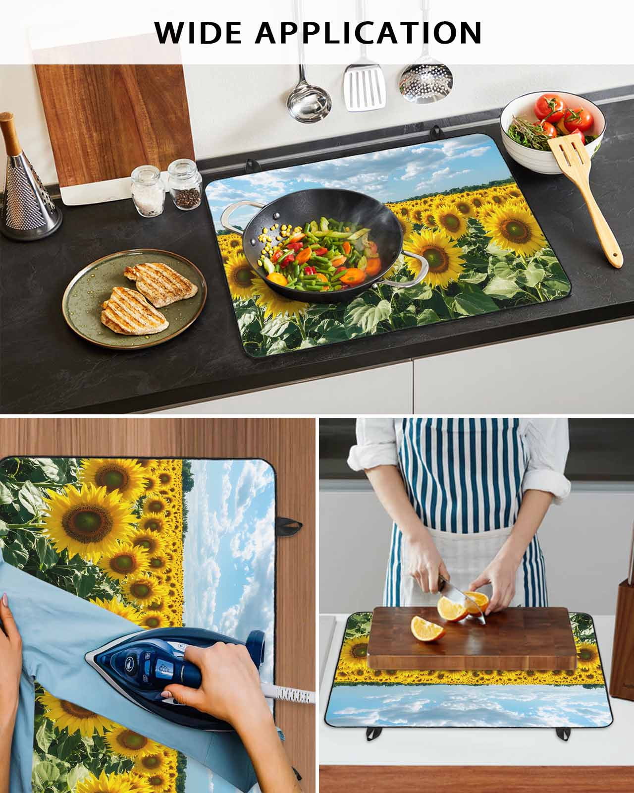 nqOlkjepod Large Induction Cooktop Protector Mat 24"x21", Turmeric Sunflowers Stove Top Covers for Electric Stove, Spring Floral Blue Sky Country Farm Stove Burner Cover Mats, Glass Top Stove Cover