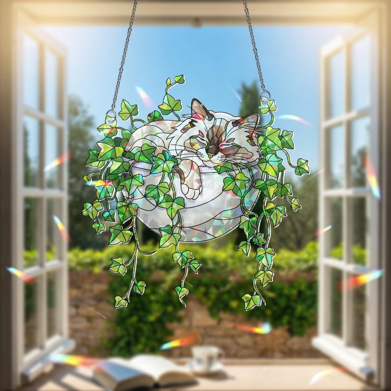 Birman Cat Hologram Ornament: Sleeping Cat in Ivy Acrylic Window Hanging