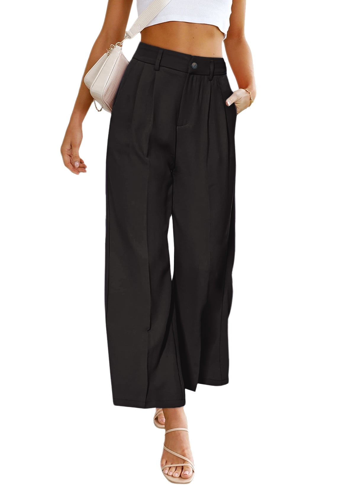 Acelitt Womens Casual Wide Leg Dress Pants High Waist Button Down women-s-tall-wide-leg-pleated-dress-pants-black-american-tall