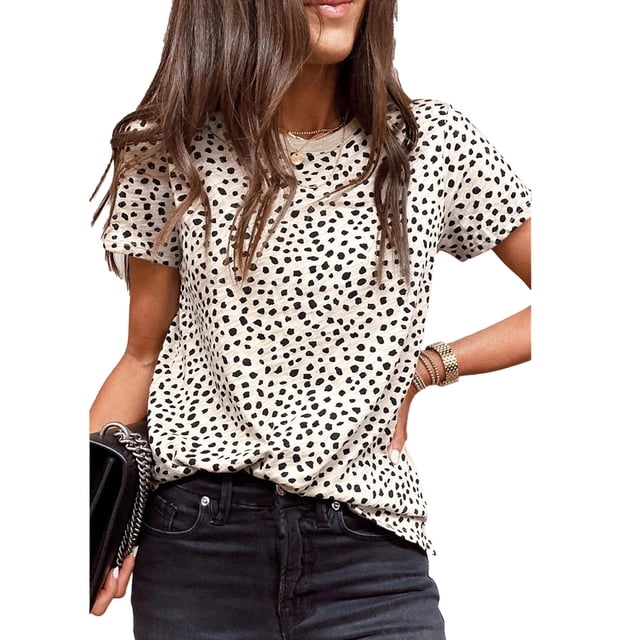 Camisa con estampado de puntos de leopardo para mujer, camiseta informal holgada con cuello redondo y manga corta para fiesta de trabajo diaria