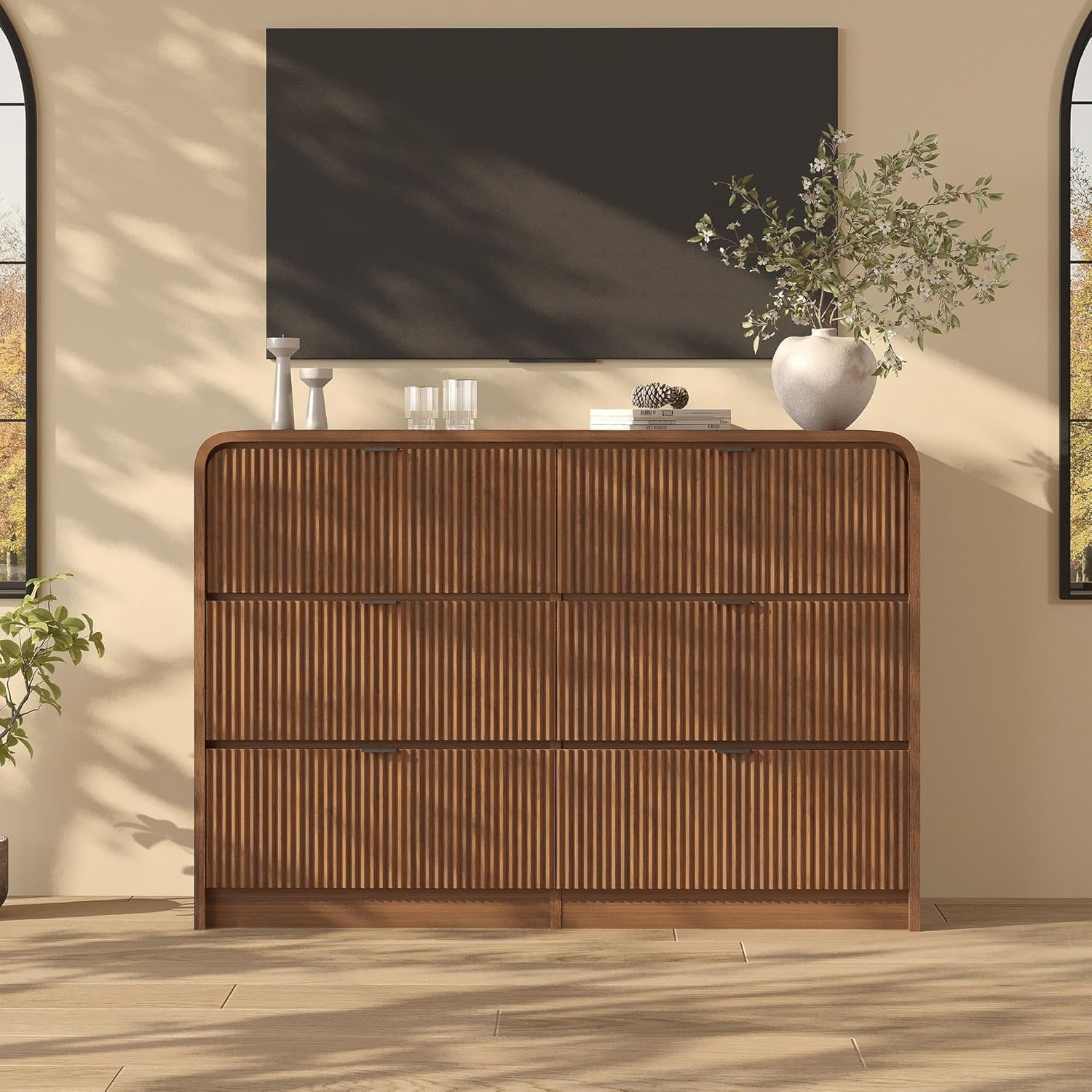 Fluted 6-Drawer Tall Dresser, Walnut Wood Deep Chest with Rounded Edge for Bedroom, Living Room, Hallway