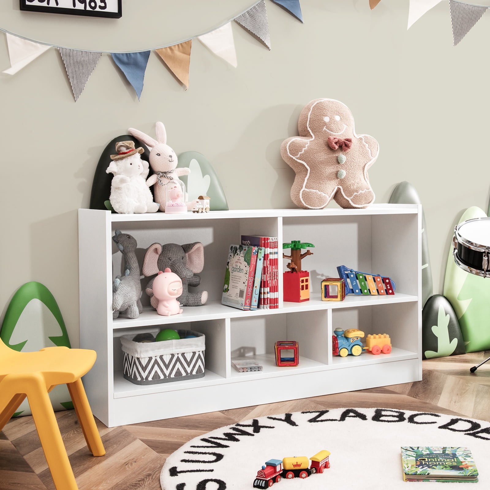 Costway 2-Tier Kids Bookcase with Spacious Top & Raised Base Toy Organizer with 5 Compartments Light White