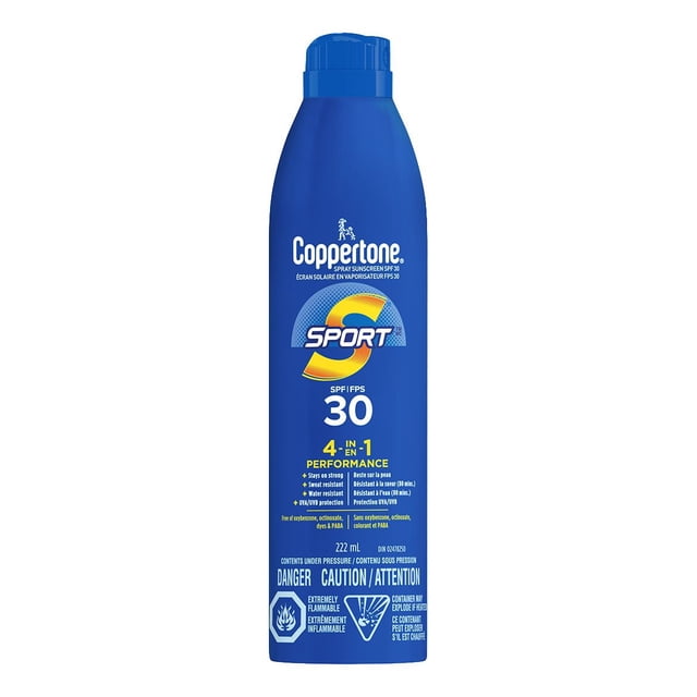 COPPERTONE Sport Sunscreen Spray SPF 30, 4-in-1 Performance, Sweat and Water-Resistant Spray Sunscreen Broad Spectrum SPF 30 UVA/UVB Protection