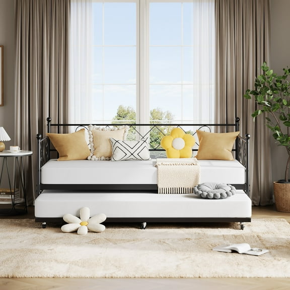 Daybed with Trundle Included, Twin Size Metal Daybed Frame with Pull out Trundle Bed, No Box Spring Needed, Easy Assembly
