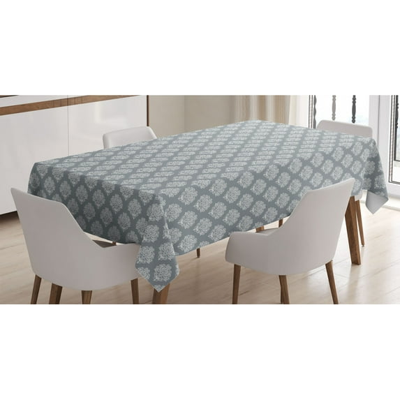 Damask Grey Tablecloth, Vintage Pattern with Repeating Floral Rococo Motif Print, Rectangle Satin Table Cover Accent for Dining Room and Kitchen, 52" X 70", Blue Grey and Pale Taupe, by Ambesonne