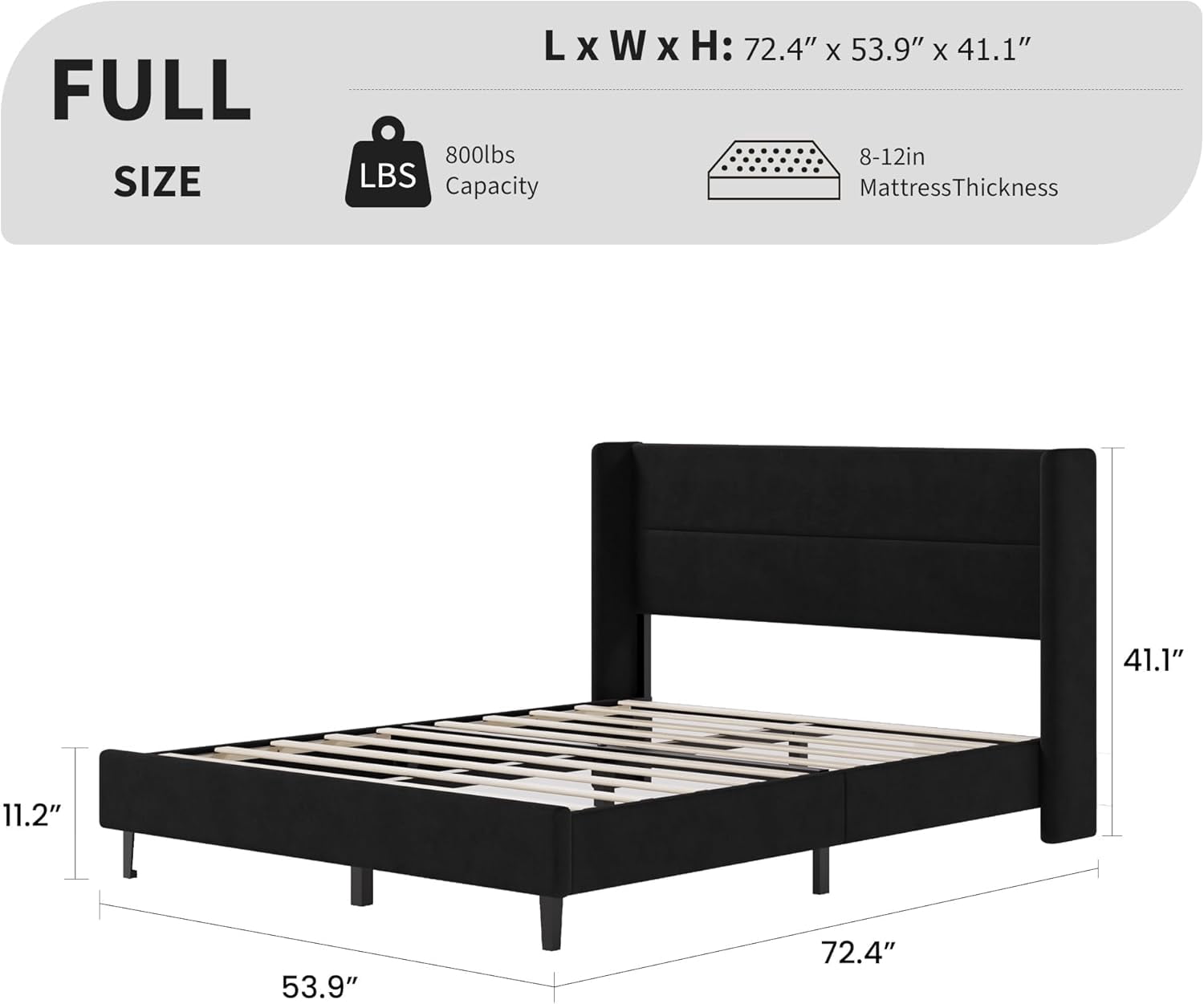 IDEALHOUSE Full Size Bed Frame with Wingback Headboard, Velvet Upholstered Platform Bedframe with Wood Slats, No Box Spring Needed, Easy Assembly, Black
