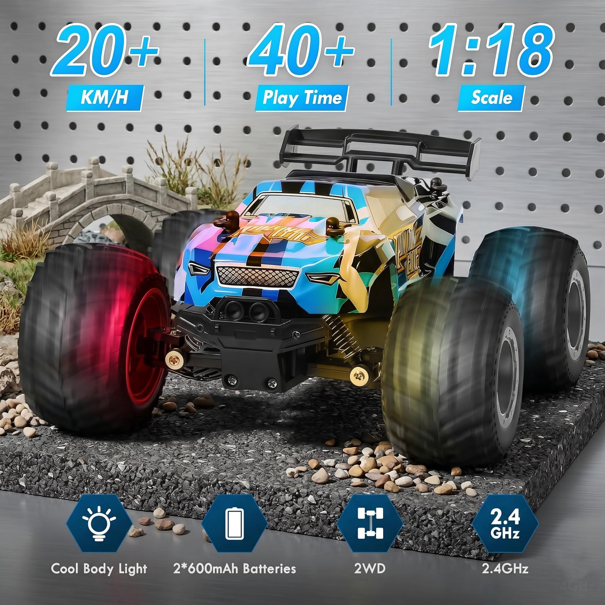 2.4GHz Remote Control Monster Truck, 20KM/H All Terrain Off-Road RC Car with LED Lights, 2 Rechargeable Batteries for Boys