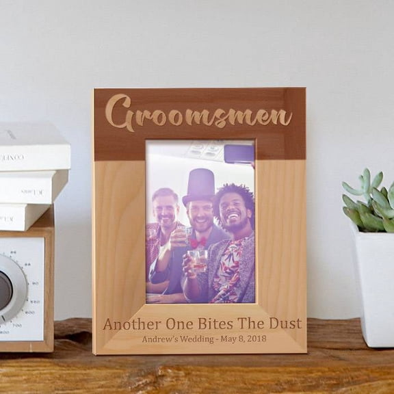 Groomsmen; Another Bites the Dust Personalized Wooden Picture Frame 3 1/2" x 5" Brown (Vertical)