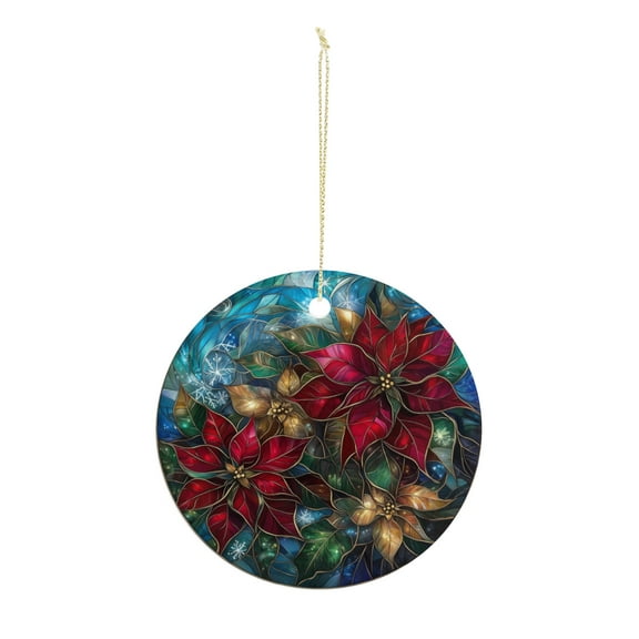 Stained Glass Poinsettia Christmas ornament, Christmas decoration, holiday present idea, heirloom keepsake, round ceramic, gift Exchange, bauble present, gift idea