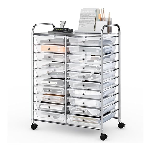 Rolling Cart with Storage Drawers, Utility Cart with Removable Plastic Drawers, Lockable Wheels, Art Cart for Classroom Organization Art Supplies Office Scrapbook (20 Drawers, Transparent)