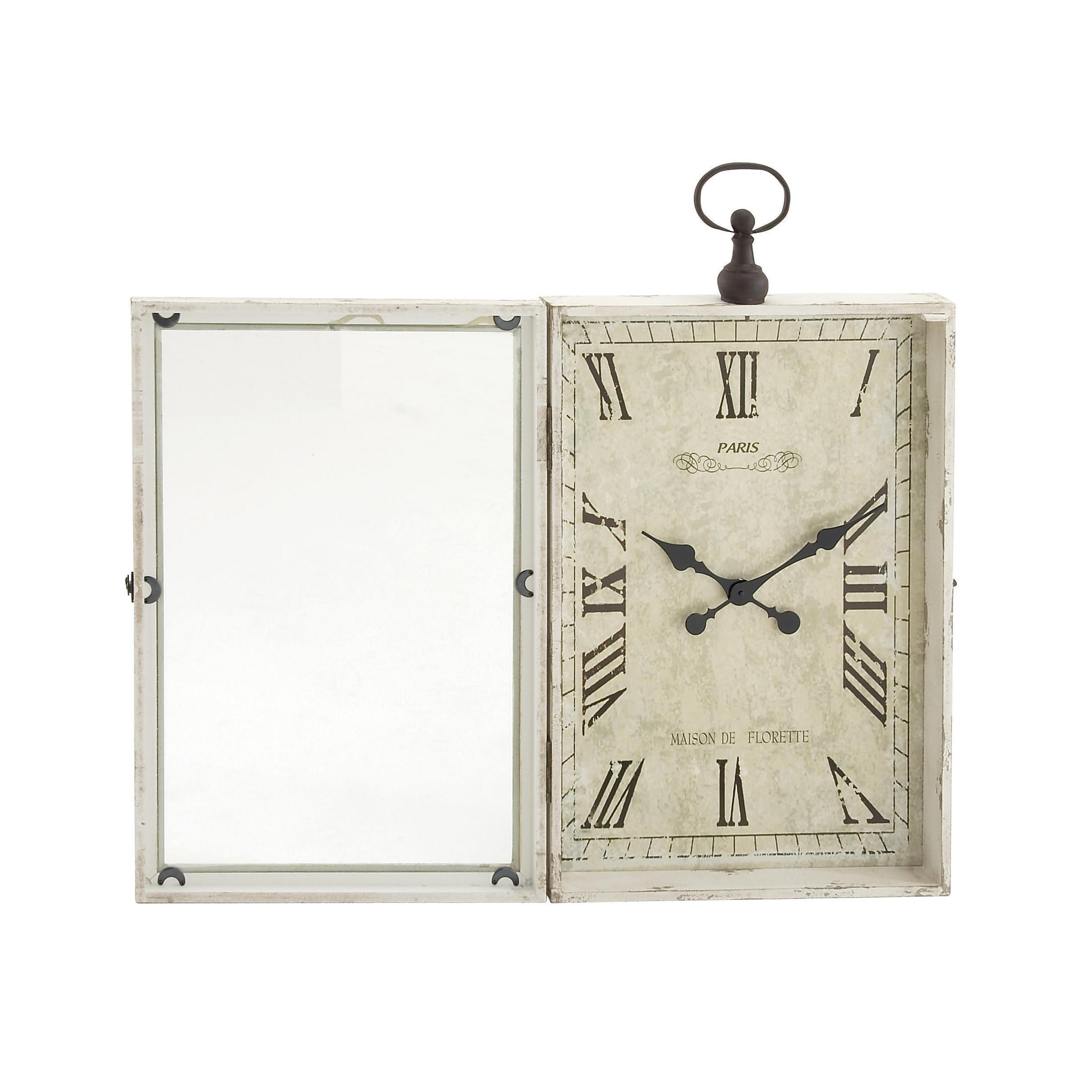 DecMode 20" x 34" White Wooden Finial Pocket Watch Style Wall Clock with Hinged Door