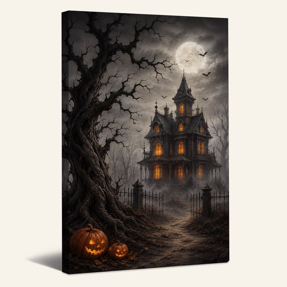 Haunted Victorian House With Glowing Windows And Halloween Canvas Wall Art