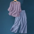 thumbnail image 2 of Holzkary Linen Sets for Women 2 Piece Loose Fit Outfit Breathable Comfortable for Daily Wear 2 Piece Outfits Sets Short Sleeve Shirts and Long Pants Summer Casual Vacation Loungewear Purple S, 2 of 4