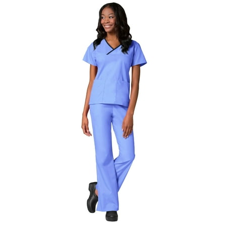 

Maevn Core Women s Y-Neck Mock Wrap Top & Flare Leg Pant Scrub Set