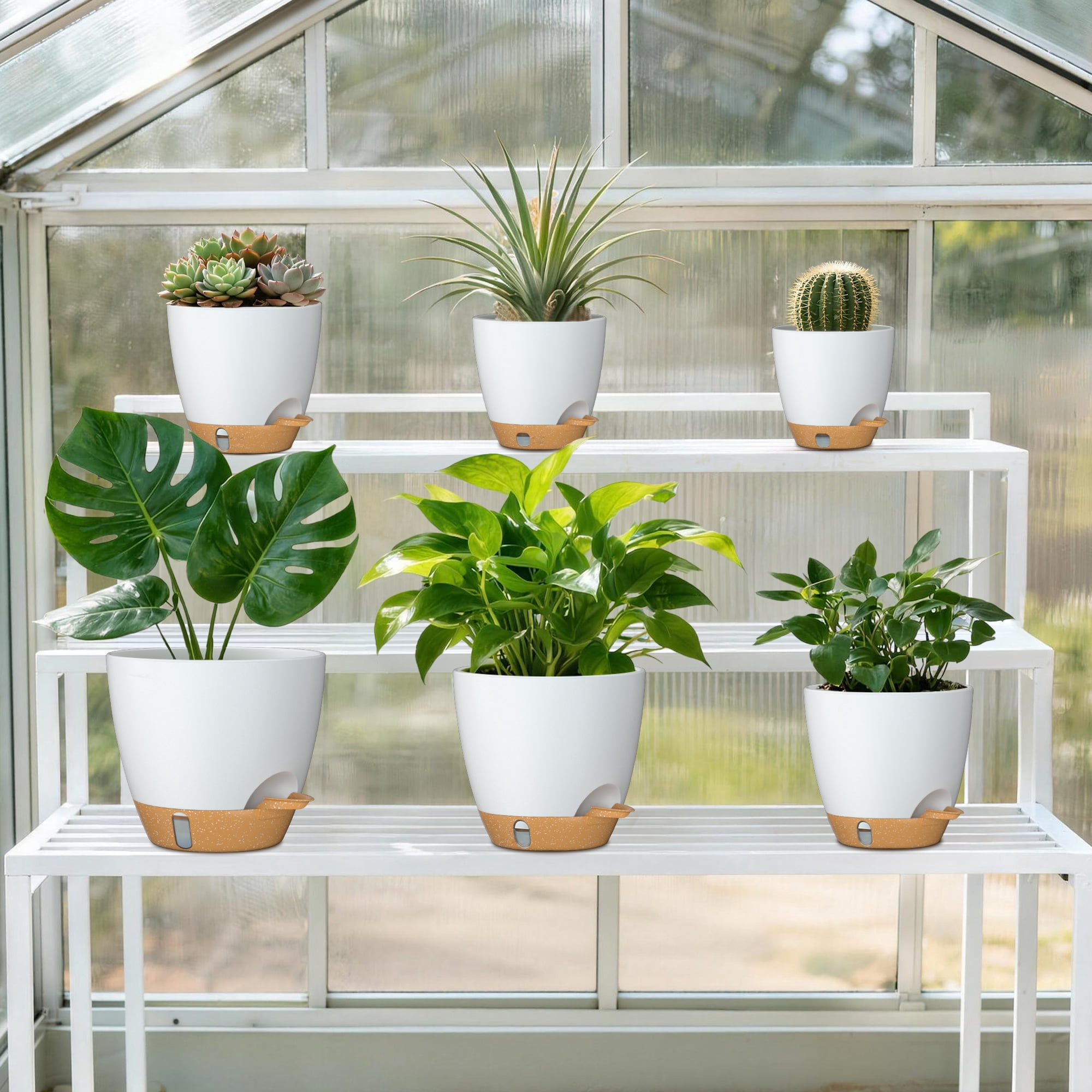 FIASON 6 Pack Self-Watering Plant Pots, White with Brown 5/5.5/6/6.5/7/8 Inch Planters with Watering Lip, Drainage Holes & Saucer for Indoor Outdoor Garden Plants