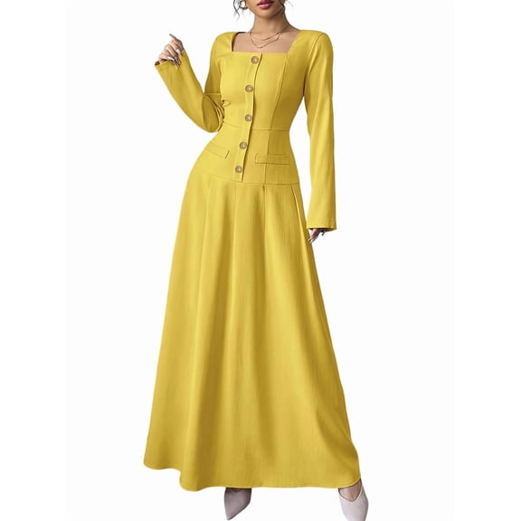 Flowy Dress for Women Square Neck Long Sleeve Dress Yellow S
