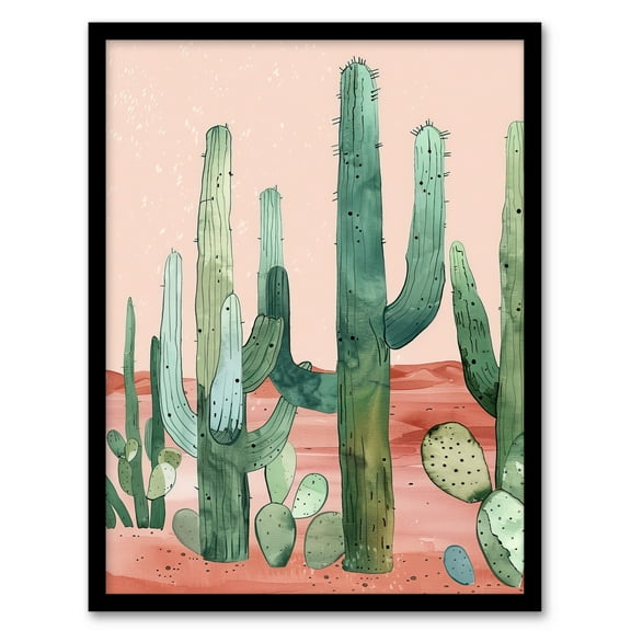 Artery8 Saguaro Cactus Pink Mexican Desert Landscape Living Room Art Print Framed Poster Wall Decor 12x16 inch