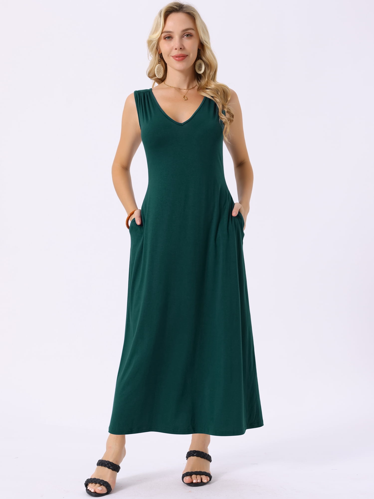 DARING DIVA Maxi Sleeveless V Neck Tie Waist Casual Long Dress XL Dark Green
