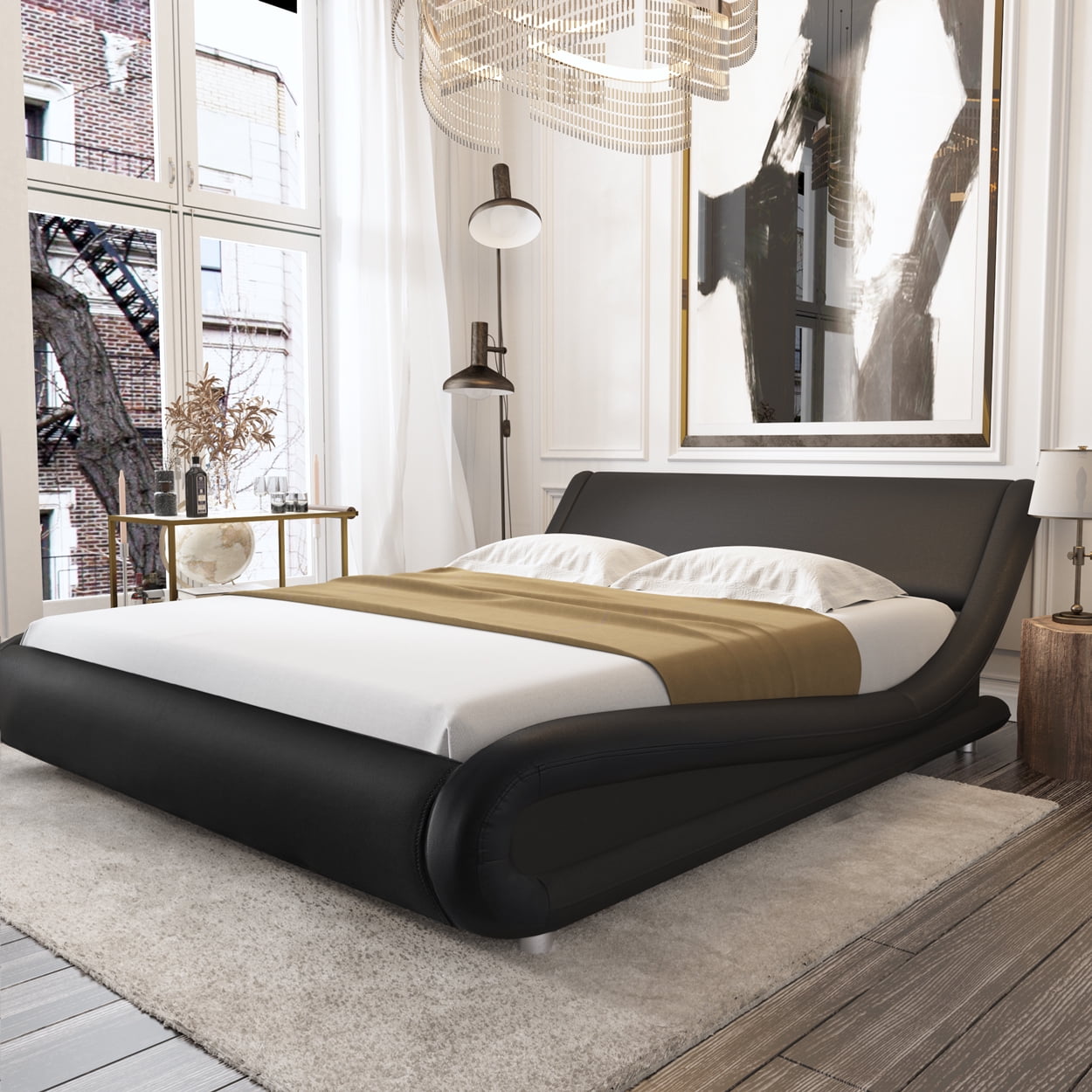 Amolife King Size Bed Frame With Curved, Black Leather Headboard King