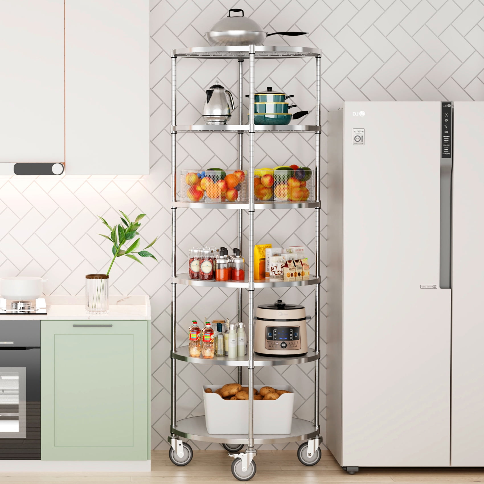 Miniyam 6-Tier Round Wire Shelving Unit with Wheels, Heavy-Duty Adjustable Storage Rack with Leveling feet, Chrome