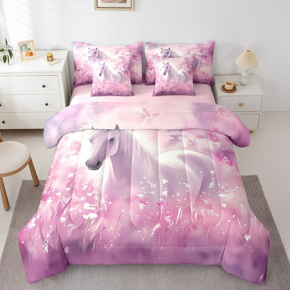 Horse Bed in a Bag 7 Pieces Pink Butterfly Bedding Set, Dreaming Pink Pastel Full Comforter Set Chic Floral Flower Bedding Comforter Sets, Magical Unicorn Bed Set Bedroom Decor