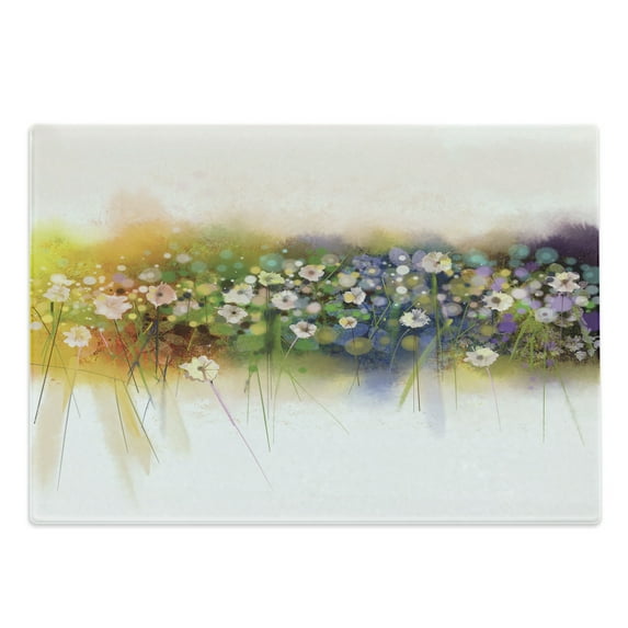 Flower Cutting Board, Vogue Display Wisteria Violets Wreath Fragrant Plants Herbs Spring Season, Decorative Tempered Glass Cutting and Serving Board, Large Size, Multicolor, by Ambesonne