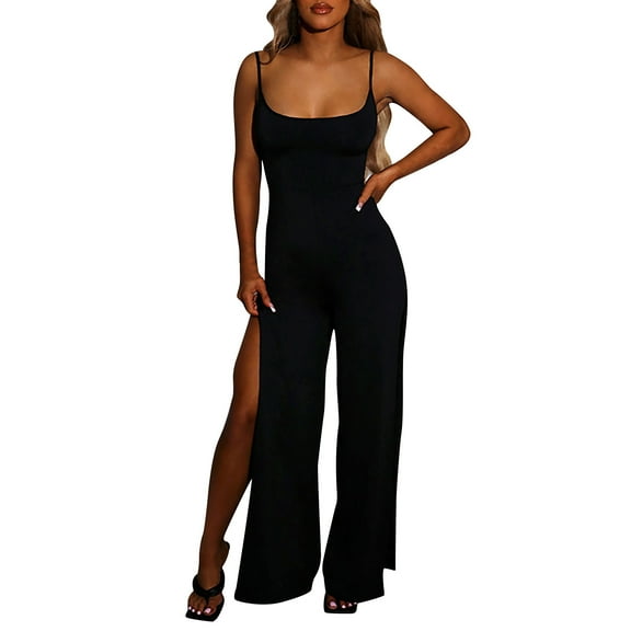 Kureaily Women's Spring And Summer Solid Color Split Pants Backless Suspender Jumpsuit Women's Casual Trousers