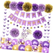 SKYSONIC Birthday Decor for Women & Girls Featuring Butterfly Hanging Garland, Happy Birthday Banner, Circle Dots, Balloons, Paper Flowers, and Cake Toppers for Party Supplies