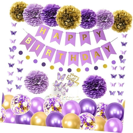 SKYSONIC Birthday Decor for Women & Girls Featuring Butterfly Hanging Garland, Happy Birthday Banner, Circle Dots, Balloons, Paper Flowers, and Cake Toppers for Party Supplies