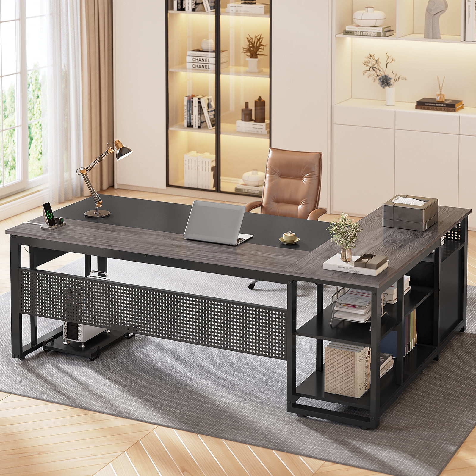 71" L-Shaped Executive Desk with Power Outlets & Mobile CPU Stand, Computer Desk with Storage Shelves, File Cabinet & Pegboard, Corner Desk for Office, Home, Grey