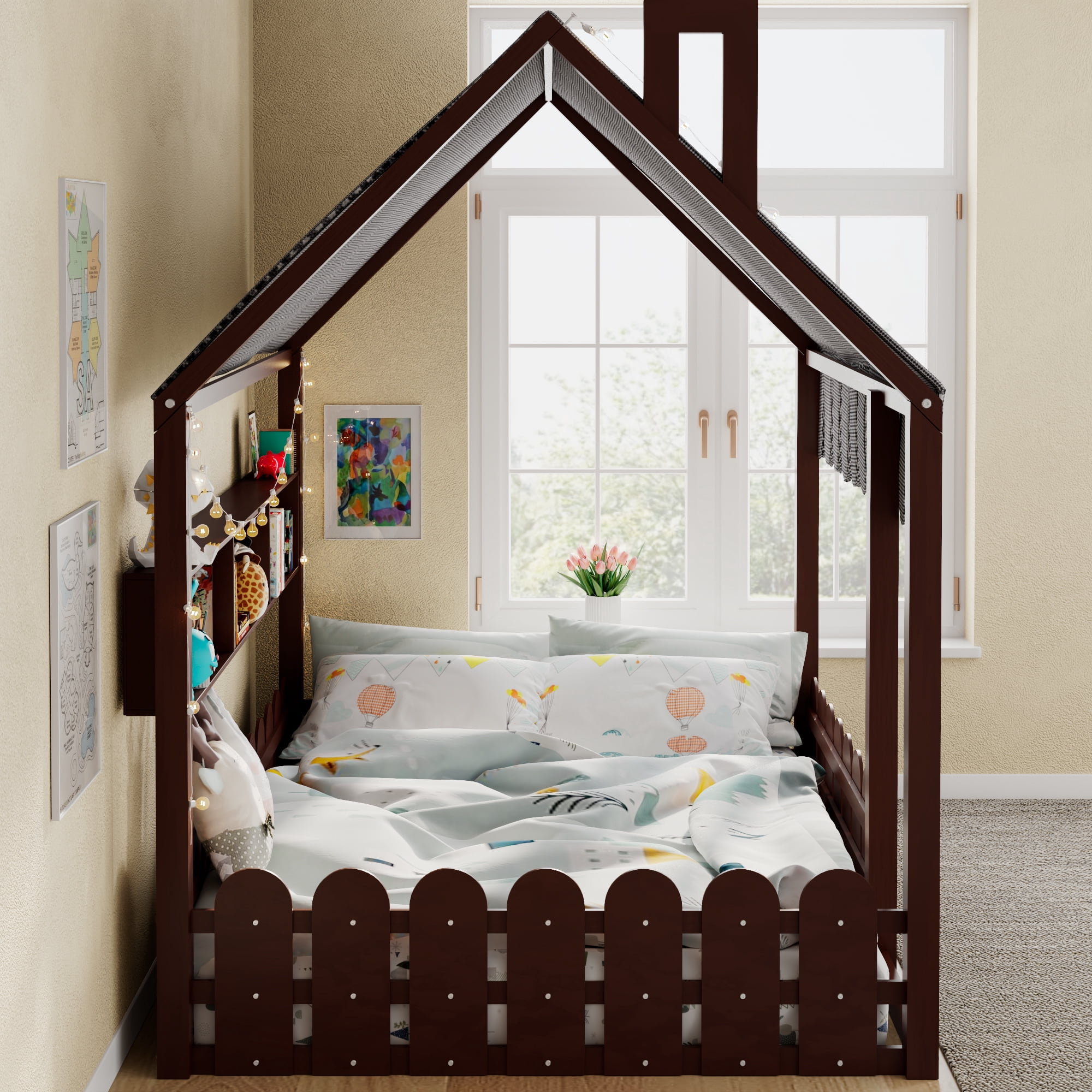 Sailvan Full Size Montessori House Bed for Kids, Floor Bed with Fence Railings, Slats not included