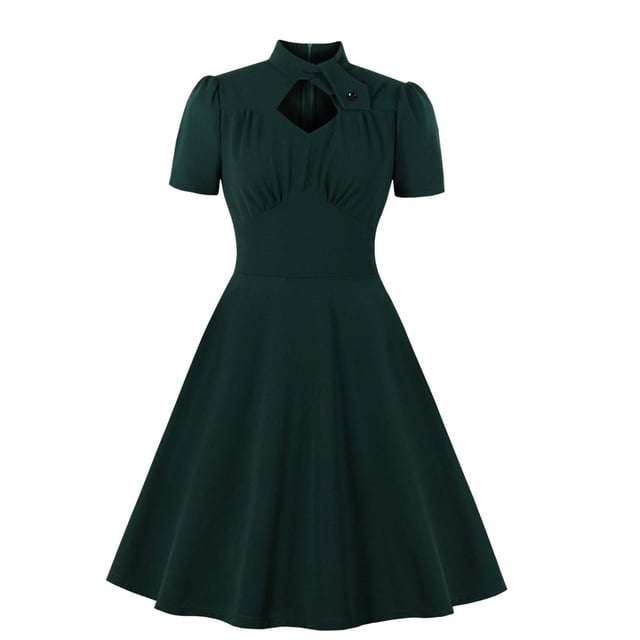 Bigersell Robes Vintage pour Femmes à Manches Courtes, Col en V, Taille Haute, Robe à Boutons, Robes d'Été pour Femme, Robes Patineuse pour Femmes, Style 25680, Vert m