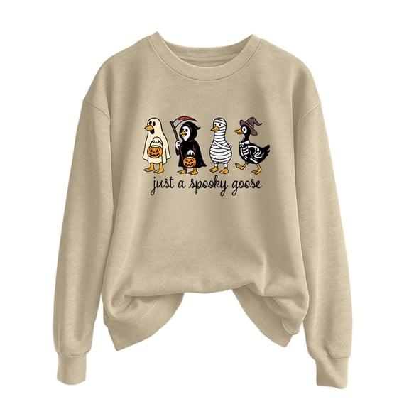Gunia Pumpkin Halloween Sweatshirts For Women Autumn Winter Solid Color Printing Sweater Crew Neck Long Sleeved Pullover Tops Fall Fashion Clothes Beige S-2Xl