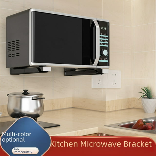 Wall-Mounted Stainless Steel Foldable Microwave Shelf with Adjustable Length - Heavy-Duty Oven Rack Bracket for Kitchen Space Saving, Easy Assembly with Included Screws (Black, 1 Pair)