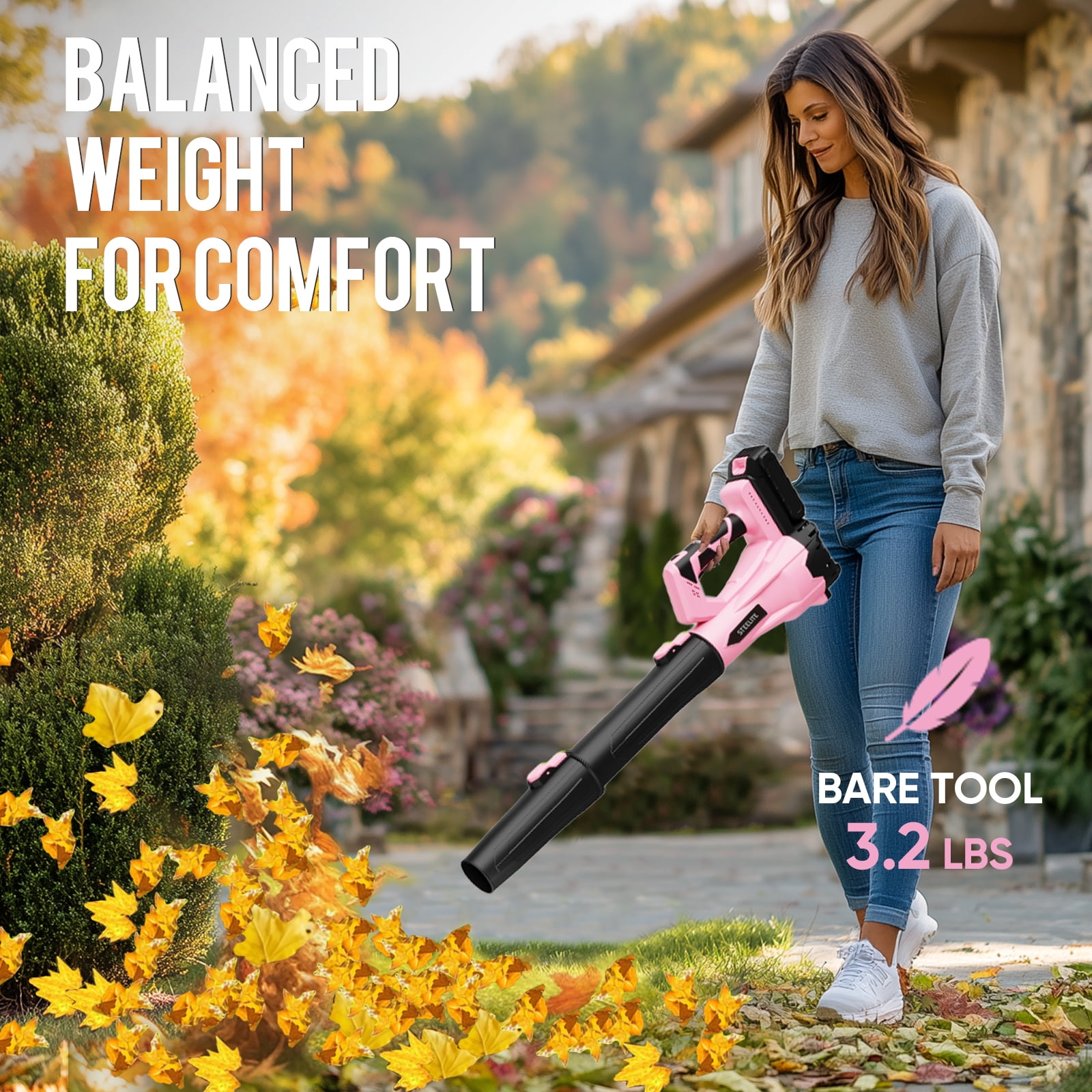 Steelite 21V Cordless Leaf Blower,150 MPH 600 CFM,Electric Leaf Blower with 2 x 2.0Ah Battery Packs and Charger,Lightweight Battery Powered Leaf Blower for Lawn Care, Patio Cleaning,Pink