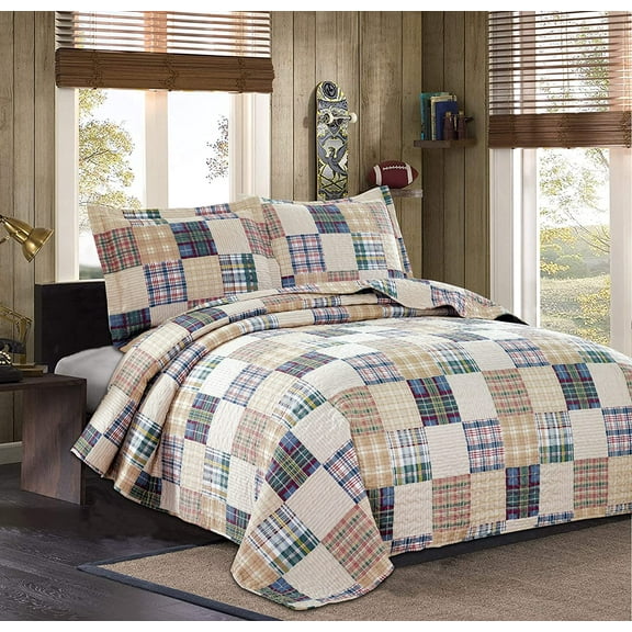 Plaid Bedspread Quilt Set Twin Size - Patchwork Bedding Mens Collection Lightweight Reversible Coverlet With Pillow Shams, Beige
