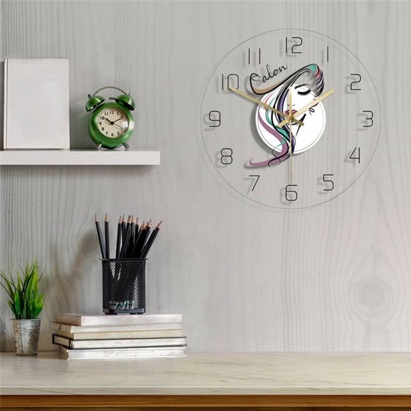 EGNMCR Alarm Clocks for Bedrooms, Clocks for Living Room LED Lights Transparent Wall Clock Beauty Salon Hairdresser Lady Design Colorful Clock Decorative Wall Clock Creative Clock