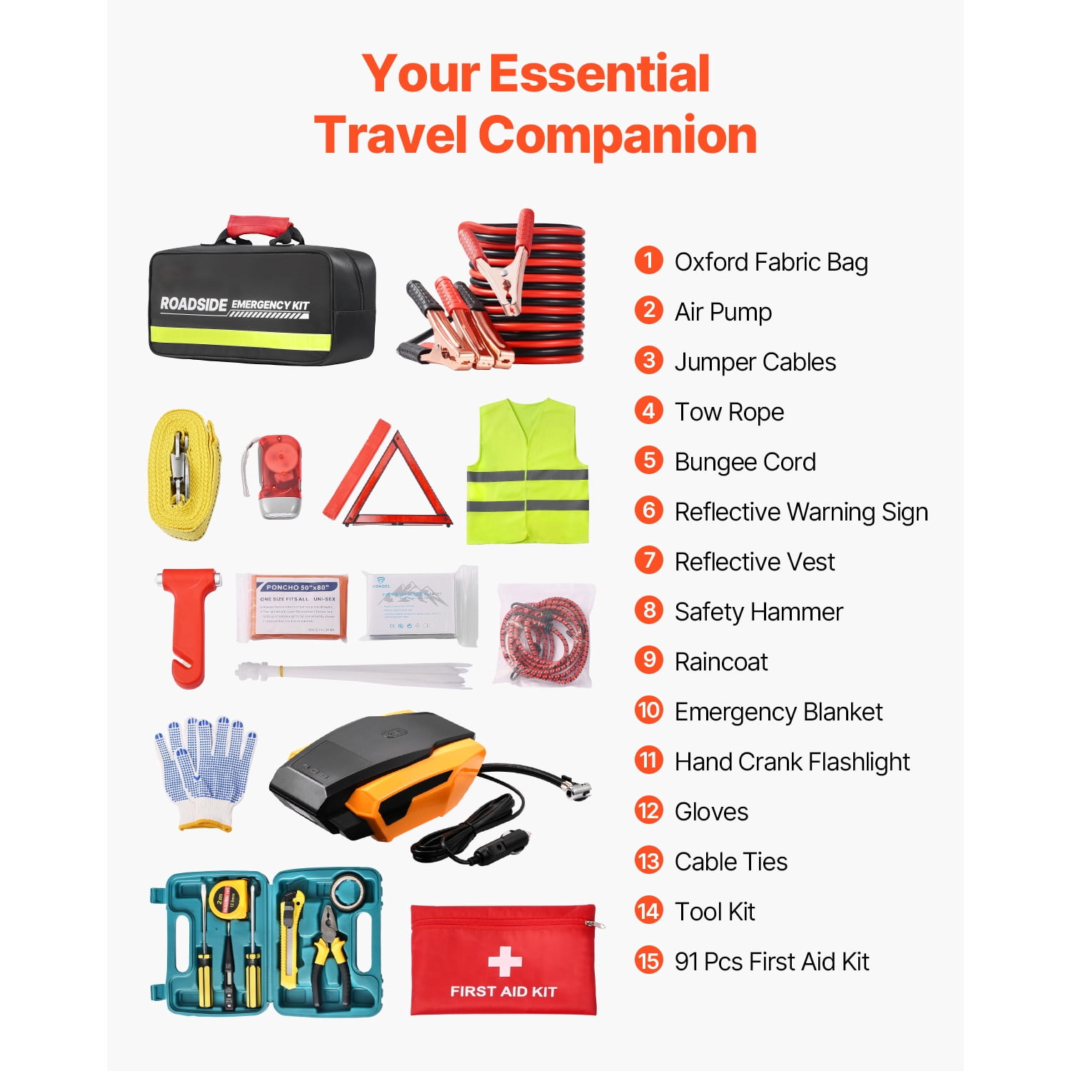 KFFKFF Comprehensive Car Emergency Kit, 2-in-1 First Aid Set with Jumper Cables, Essential Roadside Assistance Tools for Vehicles, Travel, and Home, Includes 32-Piece Auto Tools and Medical Supplies