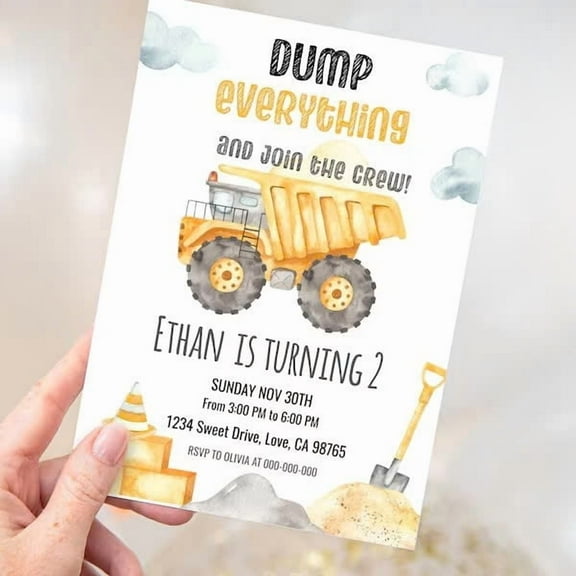 Dump Everything Construction Birthday Invitation  Join the Crew!  Perfect for Ethan's 2nd Birthday Party  Fun and Whimsical Design