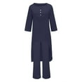 thumbnail image 4 of CILENON 2 Piece Sets for Women Solid Color Cotton Linen Pant Sets Casual Long Sleeve Button T Shirt Loose Wide Leg Pants Set Fall Outfits (Navy Blue,L), 4 of 5
