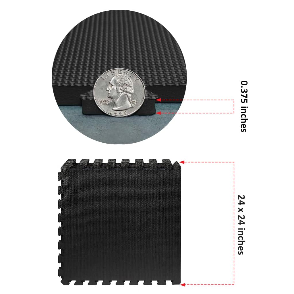 Interlocking EVA Foam Floor Mats 24"x24", 8-Piece Set, Shock-Absorbing, Non-Slip, Waterproof Exercise Tiles for Home Gym, Workout, Martial Arts & Playroom, Lightweight 4 Sq. Ft per Tile – Black