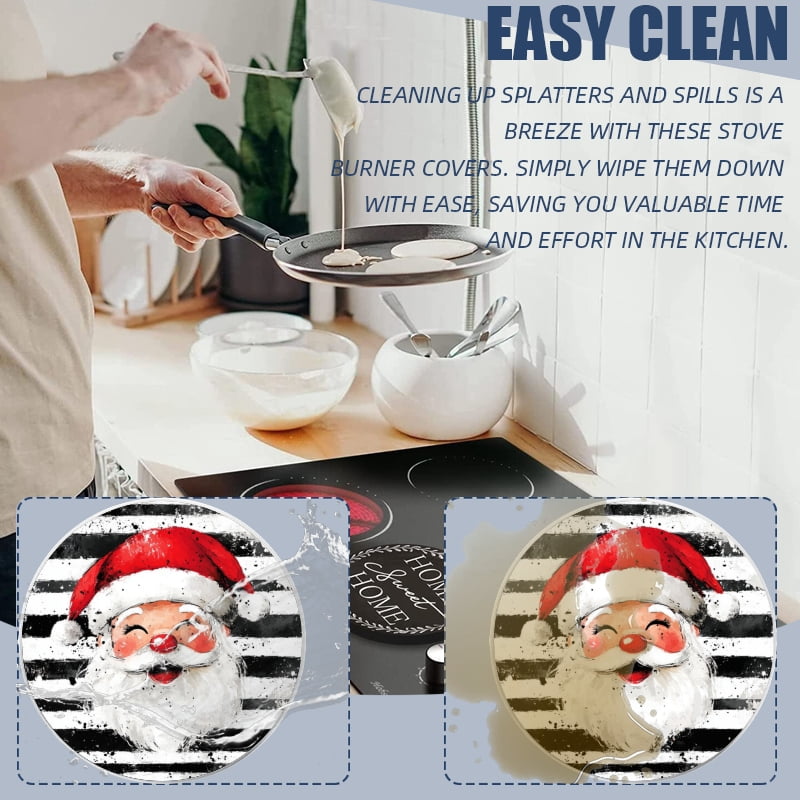 Christmas Round Stove Burner Covers Set of 4, Black and White Checkered Santa Claus Mental Durable Xmas Kitchen Decorative Gas Stove Burner Covers, 8 Inches and 10 Inches