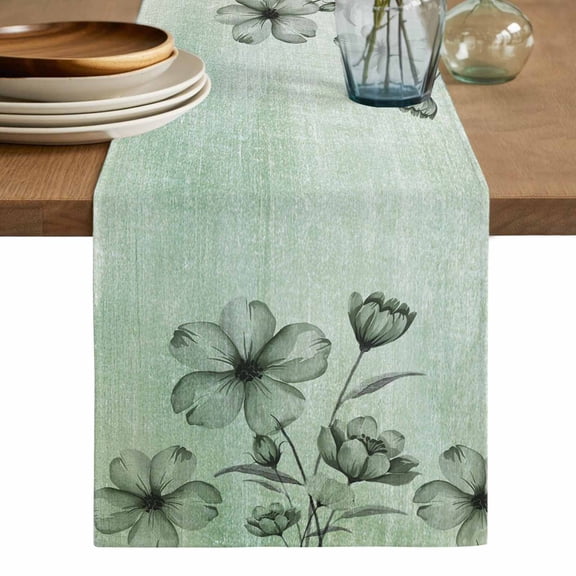Green Floral Table Runner, Country Rustic Ombre Painting Art Watercolor Washable Cotton Linen Table Runners 36 Inches Long, Dresser Scarf Runner for Nightstand/End Tables/Round Tables 13''x36''