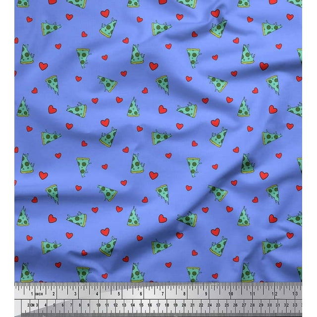 Soimoi Poly Georgette Fabric Heart & Pizza Slice Food Print Fabric by The Yard 52 Inch Wide