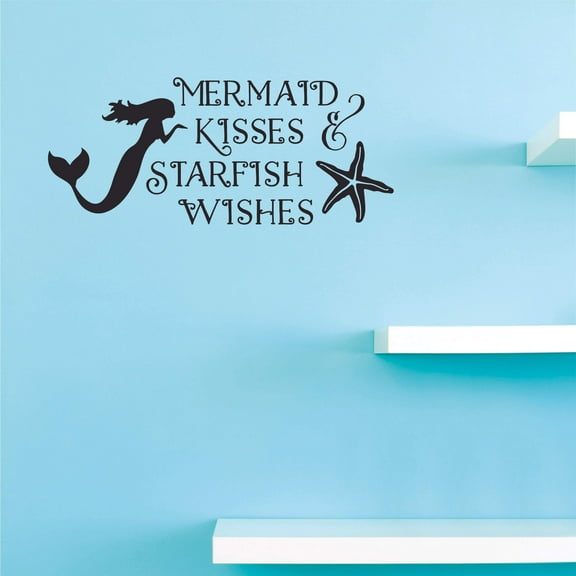 Mermaid Kisses Starfish Wishes Wall Art Decal for Kids Bedroom or Living Room - 14" x 28" DIY Vinyl Adhesive Sea Creatures Home Sticker Decoration
